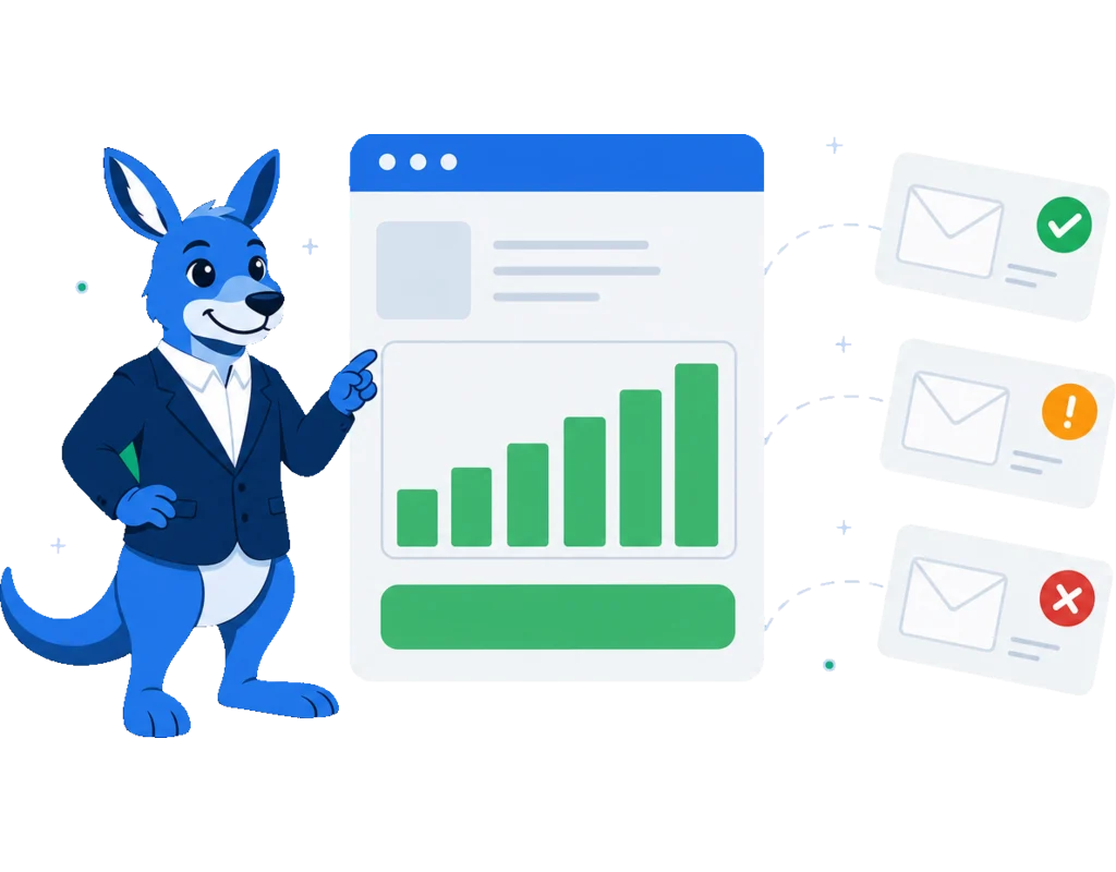 ClearBounce mascot in front of a campaign dashboard, an email list being sorted into deliverable, risky and undeliverable groups before a send