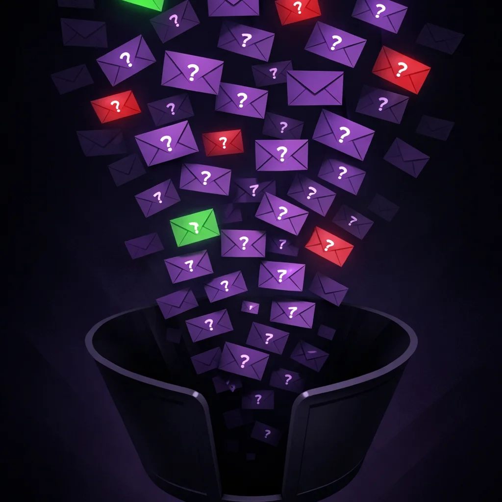 Purple emails with question marks flowing into a dark funnel, representing catch-all email verification uncertainty