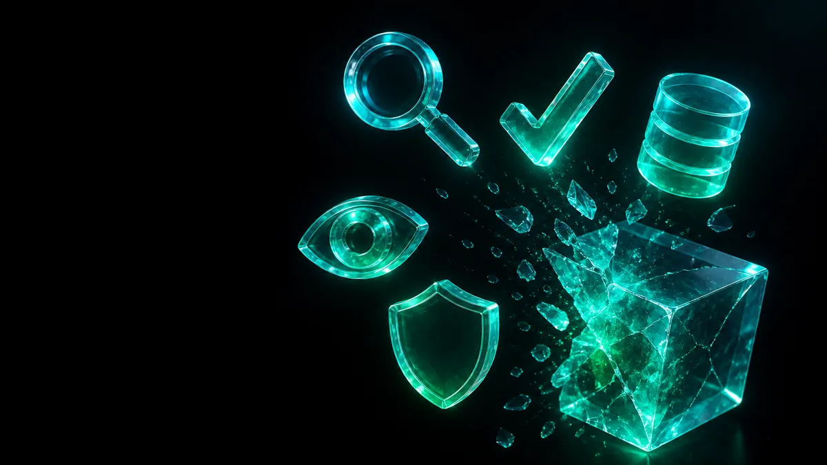 A cracked glass cube glowing emerald green, with five separate glass icons drifting away from it: a magnifying glass, a check mark, a database cylinder, an eye and a shield