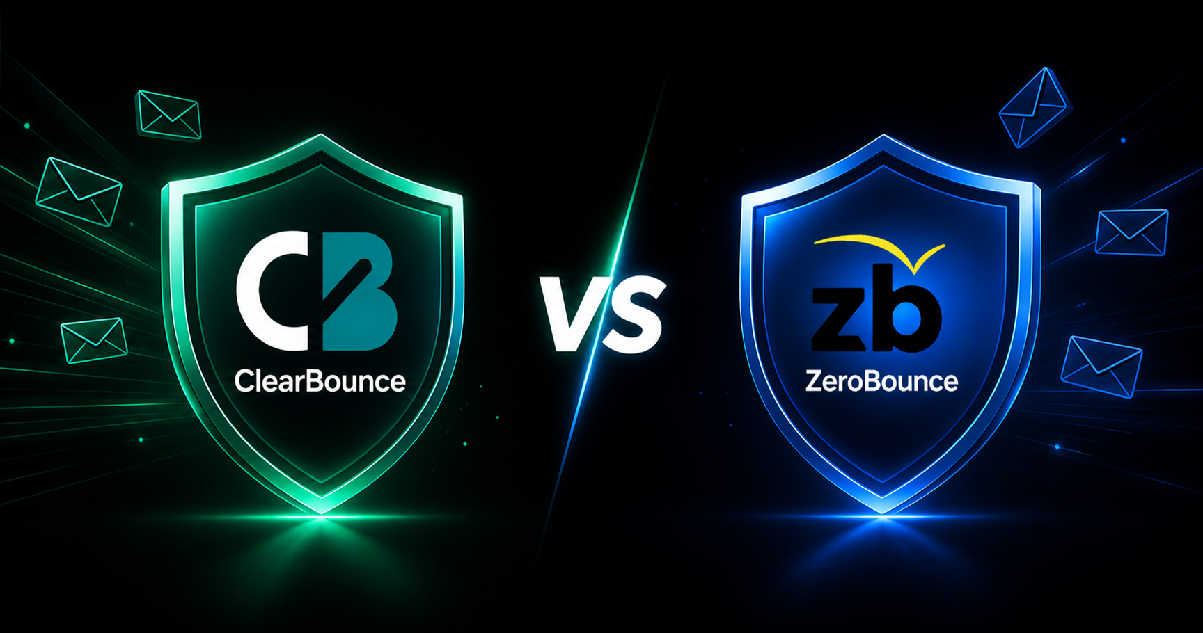 ClearBounce와 ZeroBounce 두 이메일 검증 플랫폼을 나란히 비교하는 일러스트