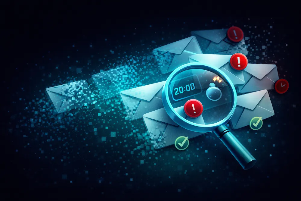 Detecting disposable and temporary email addresses with magnifying glass examining suspicious emails with expiration timer