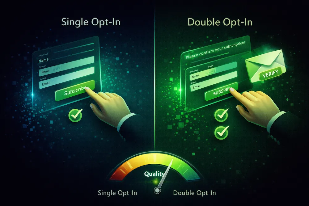 Single opt-in vs double opt-in comparison showing subscription forms side by side with email quality meter