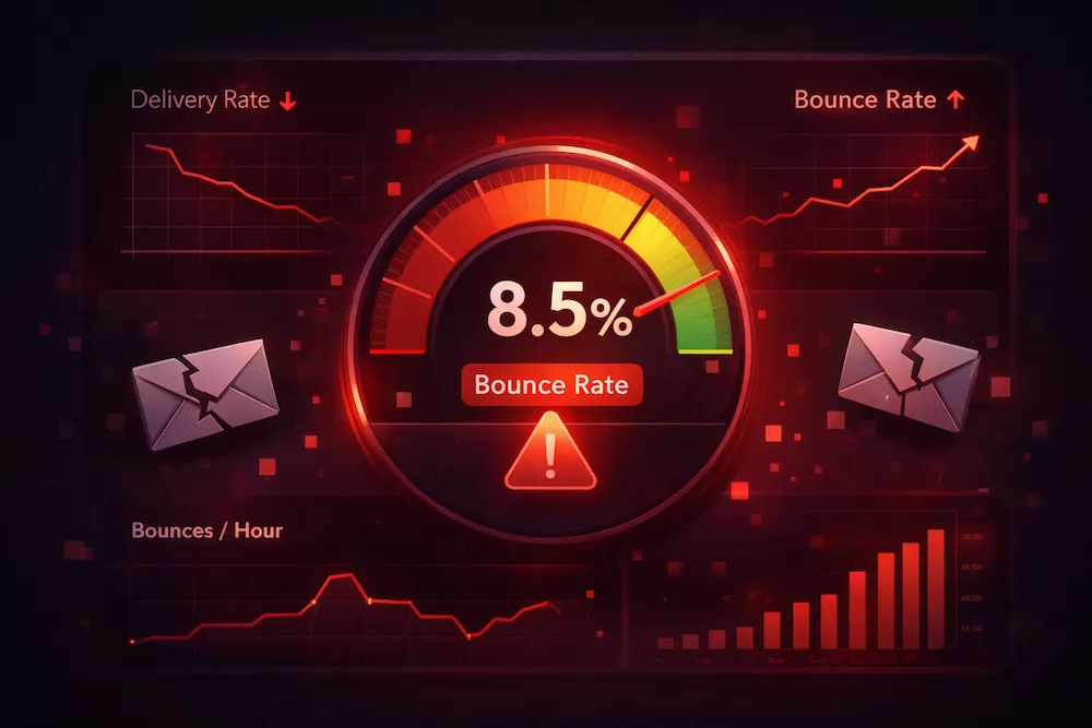 Email bounce rate dashboard displaying 8.5 percent bounce rate gauge with delivery rate and bounces per hour analytics
