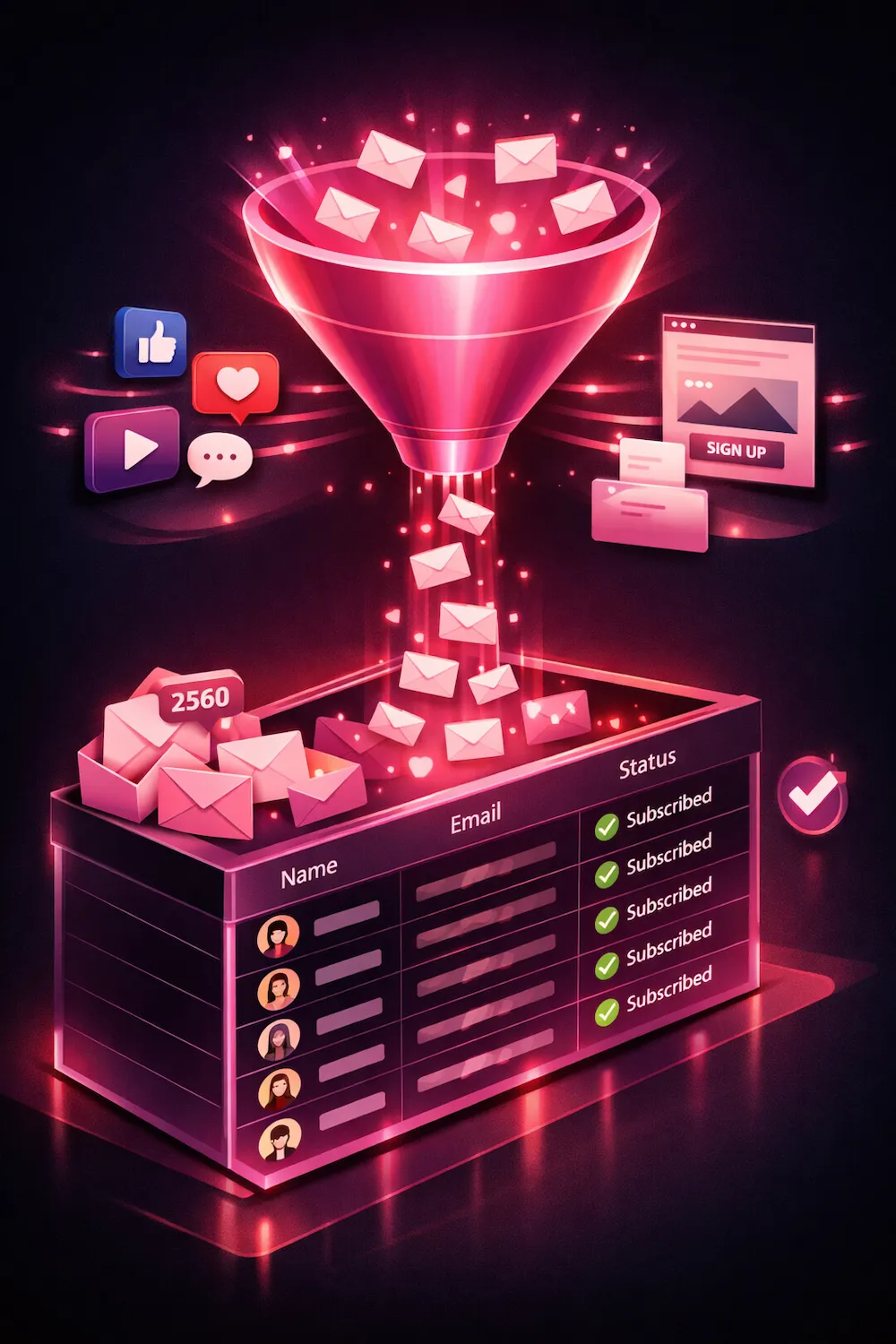 Email list building funnel converting website visitors and sign-ups into verified subscribers with social proof