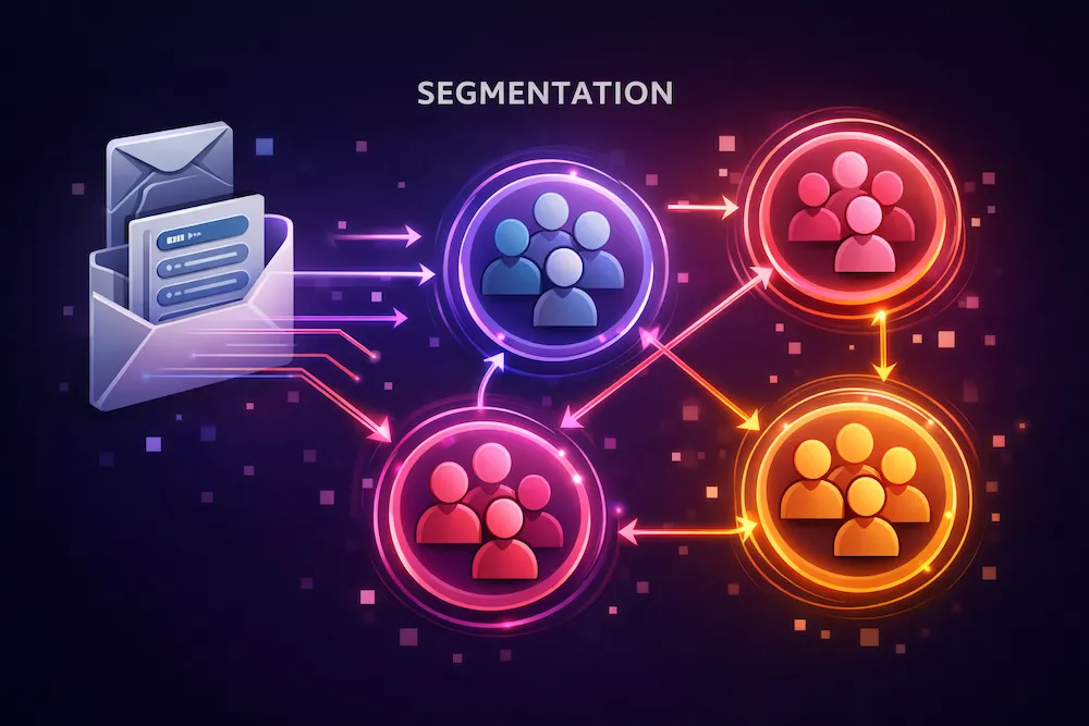 Email list segmentation diagram showing subscriber base being divided into targeted audience groups for better engagement