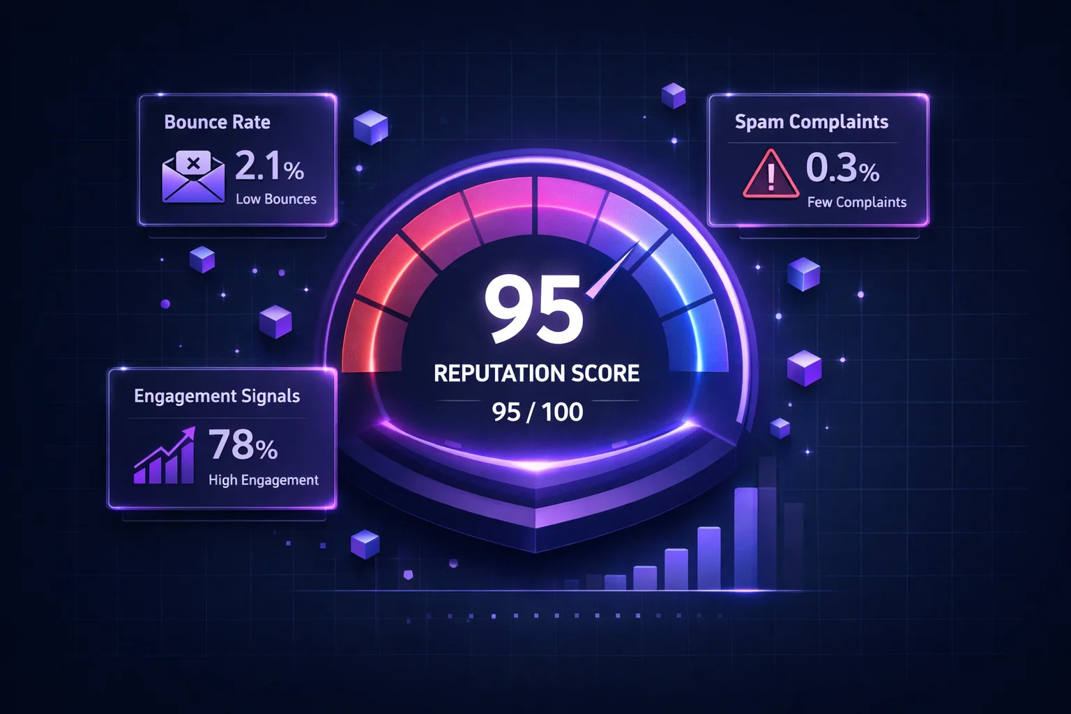 Email sender reputation score dashboard showing 95/100 with bounce rate, spam complaints, and engagement signal metrics