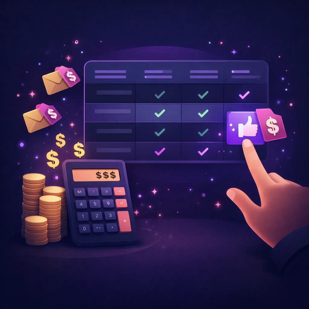 Email verification pricing comparison with calculator, coins, and pricing table