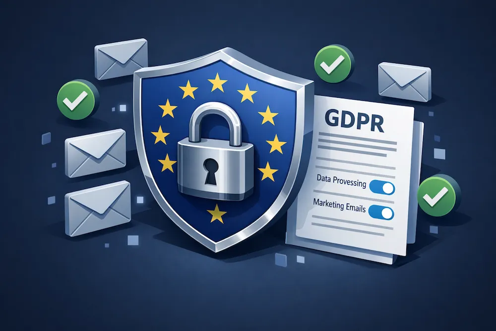 GDPR compliance for email marketing showing EU shield with padlock and data processing consent form
