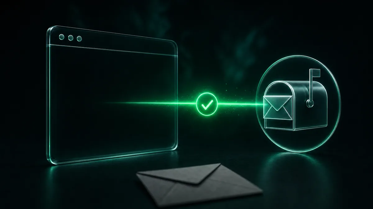Dark 3D illustration: a translucent browser window connected to a glowing mailbox icon by a beam of green light with a check mark, while a grey unsent envelope lies unused in the foreground