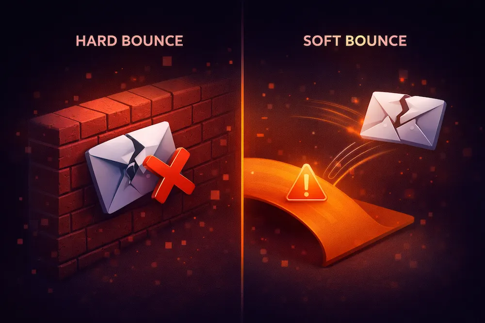 Hard bounce vs soft bounce comparison showing email hitting a brick wall permanently versus bouncing back temporarily
