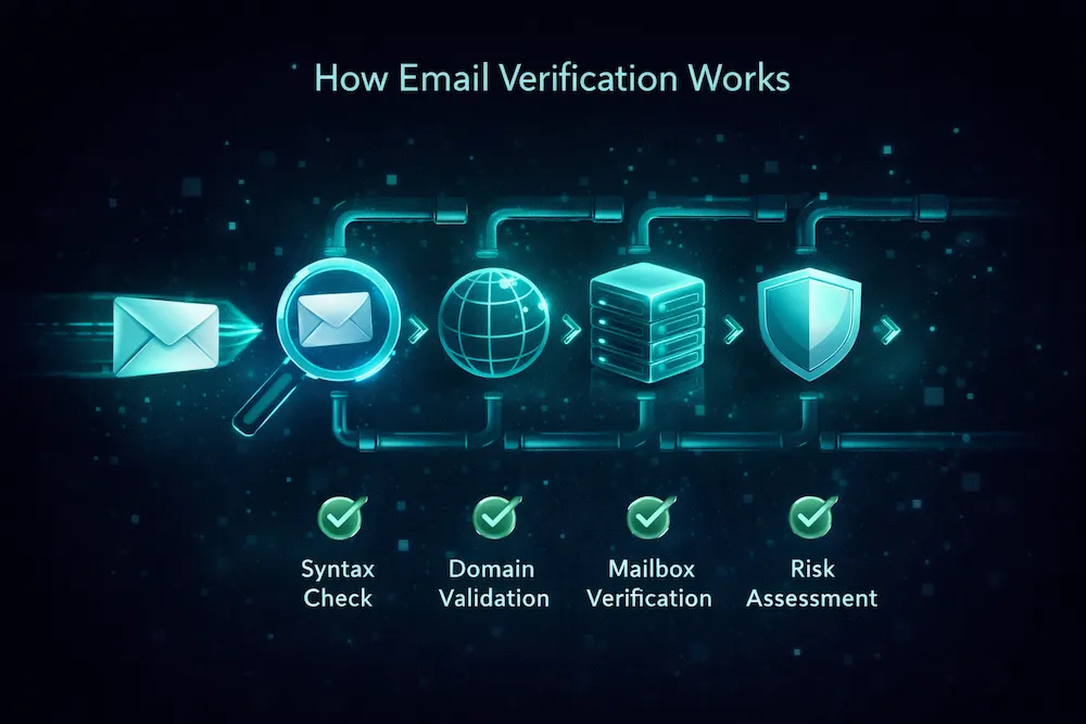 How email verification works diagram showing four steps: syntax check, domain validation, mailbox verification, and risk assessment
