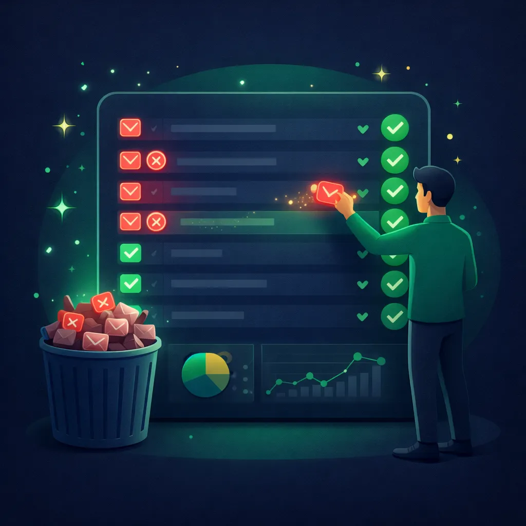 Marketer cleaning an email list by removing invalid addresses and keeping verified contacts