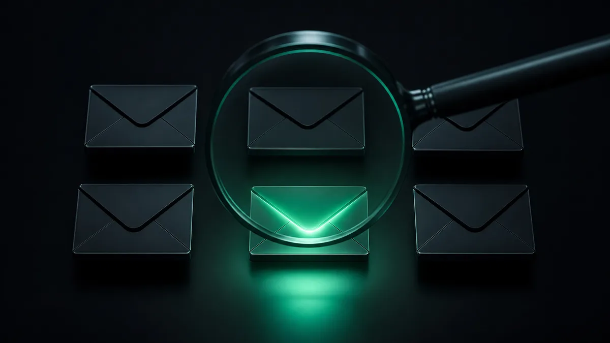 Six identical dark envelopes arranged in a grid, with a magnifying glass held over the single envelope glowing emerald green