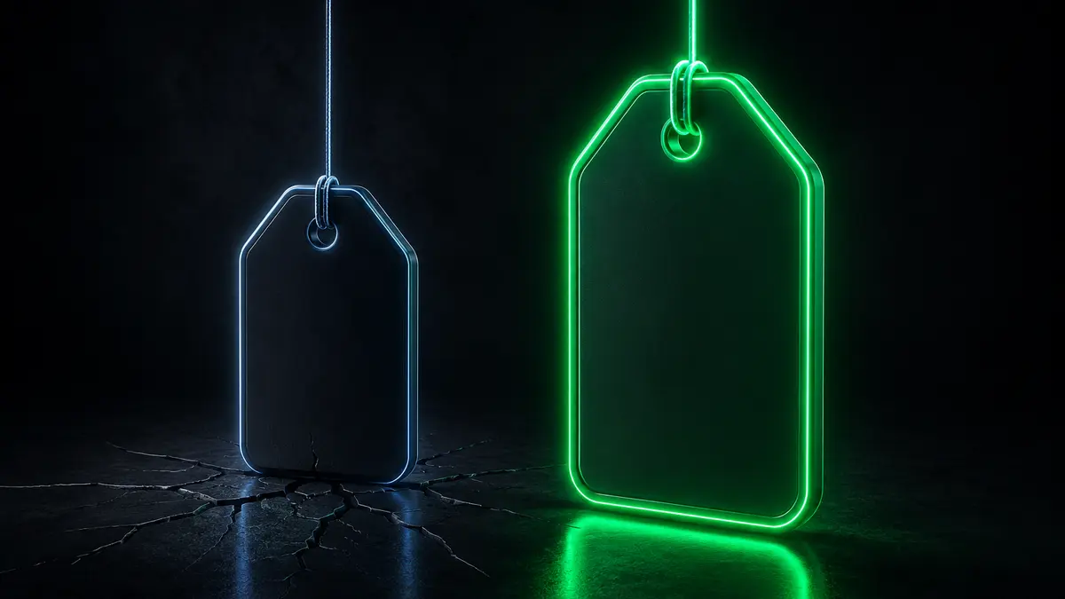 Illustration of a small dim price tag cracking the floor beneath it next to a larger glowing tag