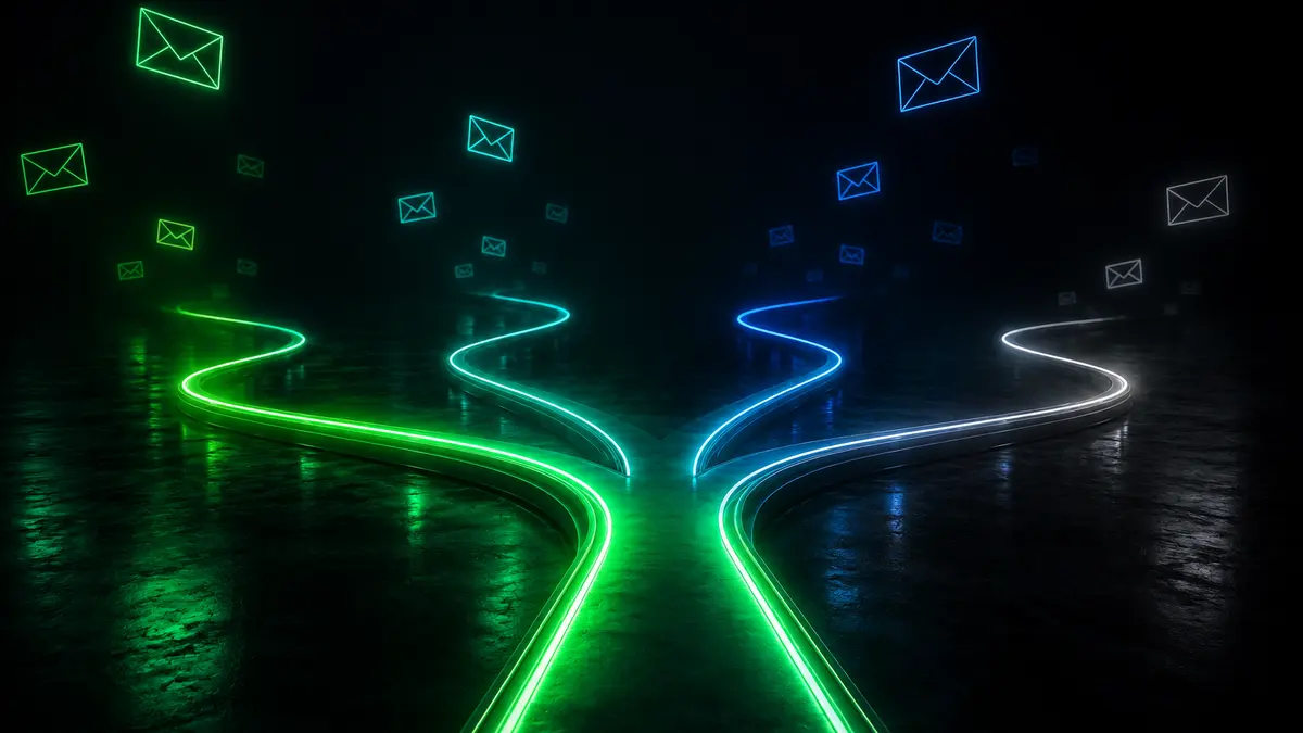 Illustration of a glowing path splitting into four routes of different colours