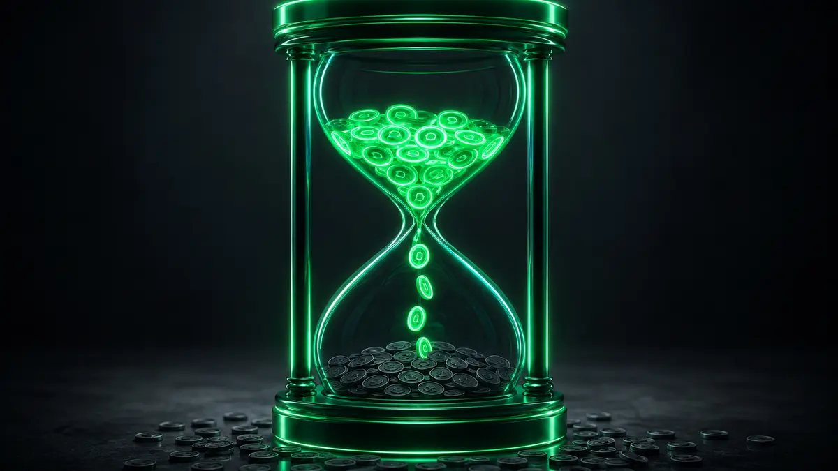Illustration of credits falling through an hourglass and going dark once they pass the neck