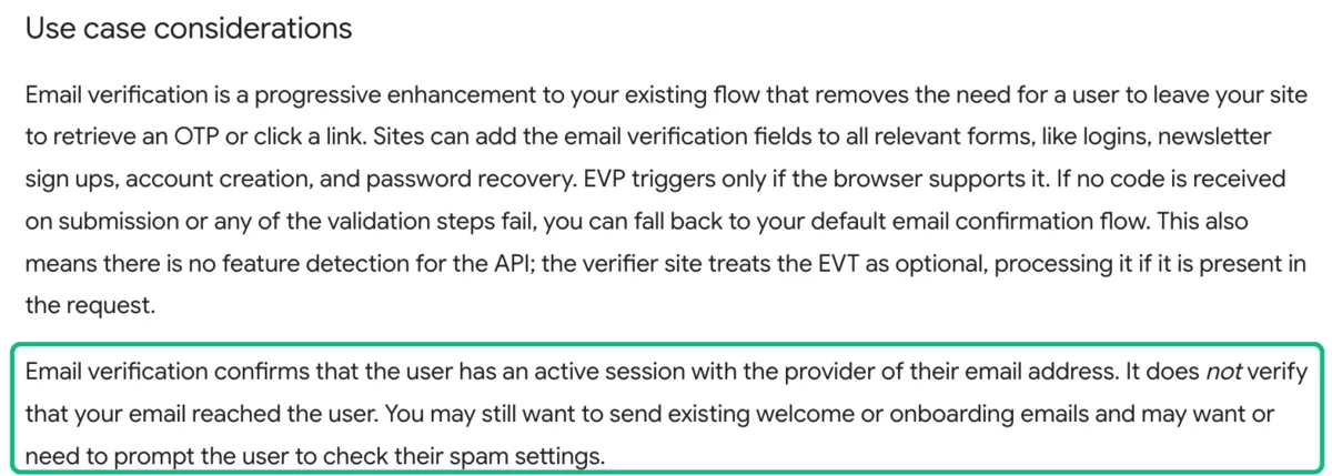 Excerpt from Google's Chrome for Developers post stating that email verification confirms an active session with the provider and does not verify that your email reached the user