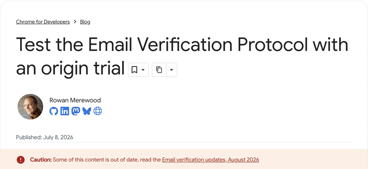 Header of the Chrome for Developers blog post announcing the Email Verification Protocol origin trial, dated 8 July 2026