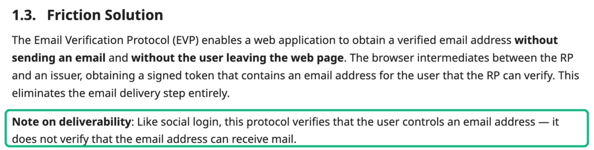 Section 1.3 of the IETF draft, with the note on deliverability: the protocol verifies that the user controls an email address and does not verify that the address can receive mail