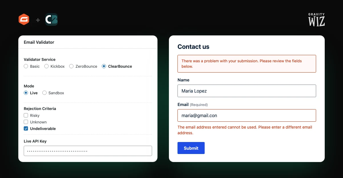 GP Email Validator settings with ClearBounce selected, Live mode and only Undeliverable checked, next to a Gravity Forms contact form rejecting the mistyped address maria@gmail.con
