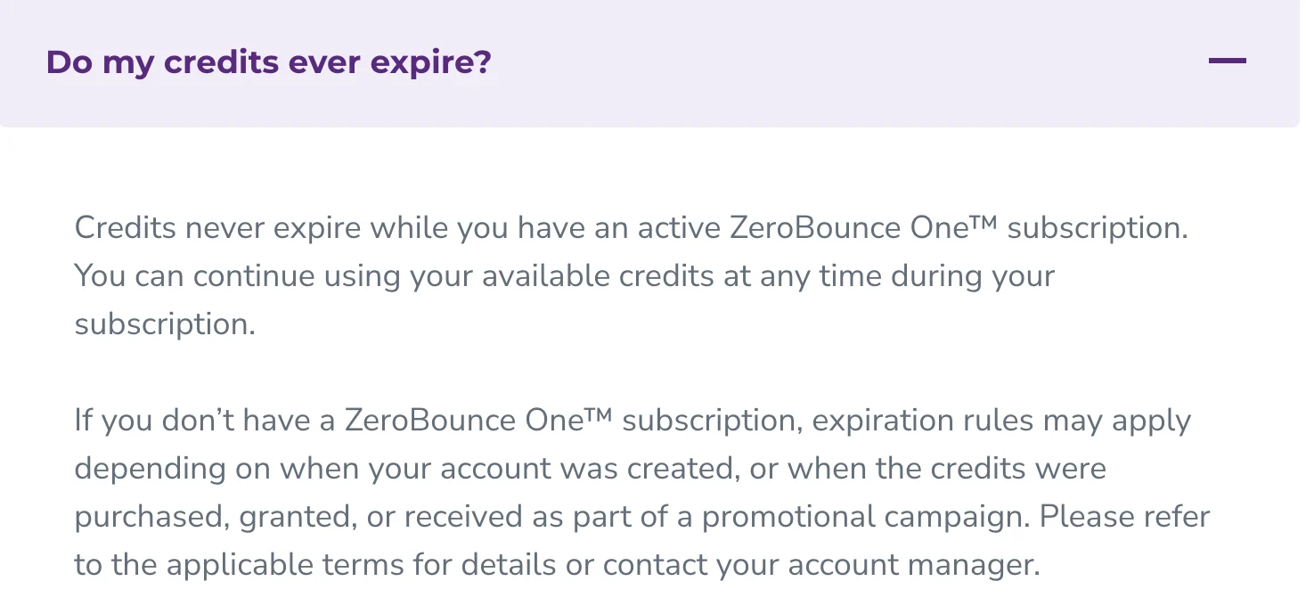 ZeroBounce pricing FAQ answering whether credits expire, stating they never expire while a ZeroBounce One subscription is active