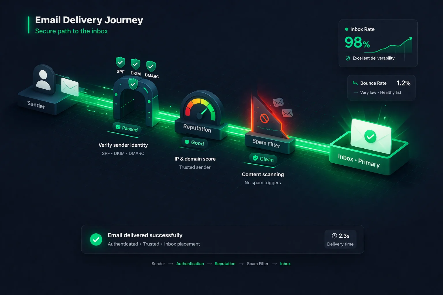 Email delivery journey infographic showing sender to inbox path through authentication, reputation check, spam filter with 98% inbox rate