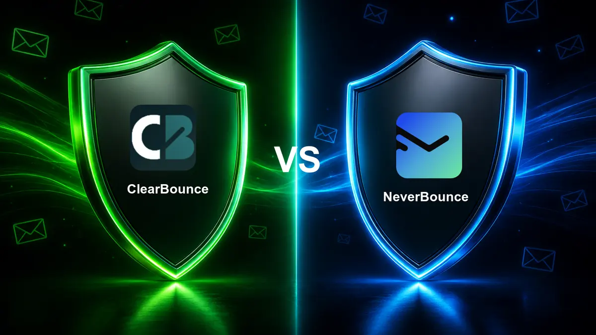 ClearBounce and NeverBounce logos on glowing green and blue shields facing each other, separated by a VS