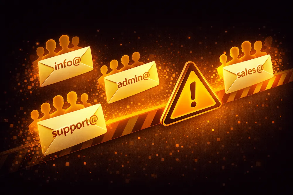 Role-based email addresses like info@, admin@, sales@ and support@ with warning sign indicating delivery risks