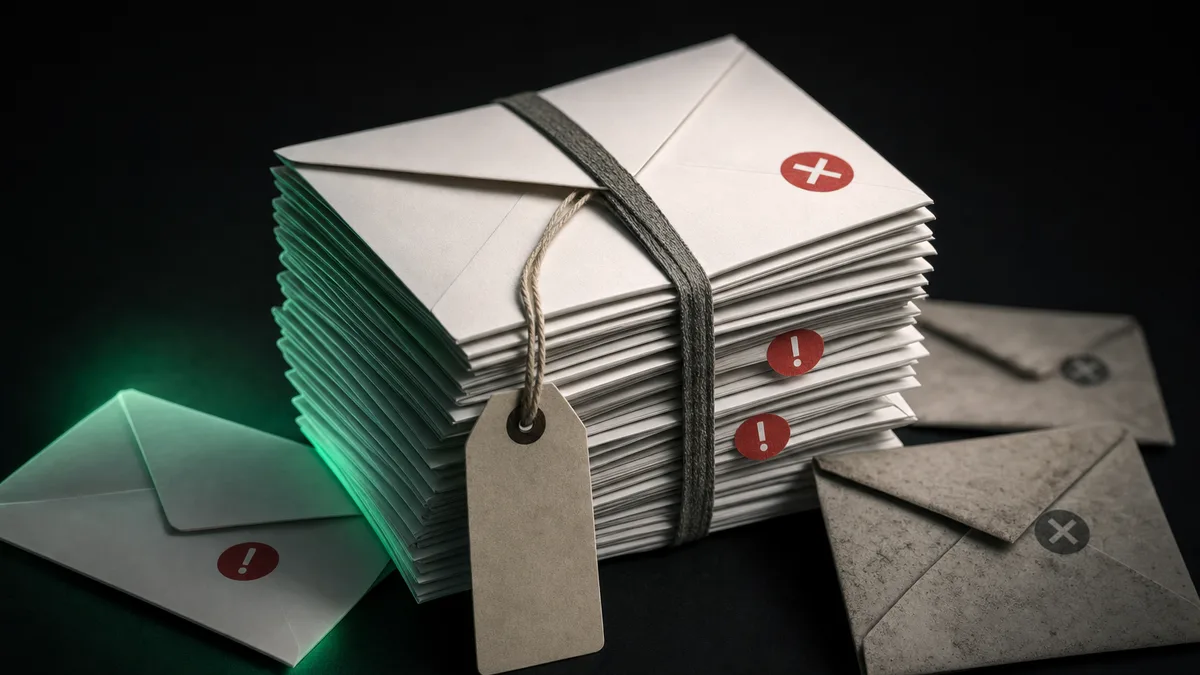 A price tag attached to a stack of email envelopes, several of them marked with warning and rejection symbols
