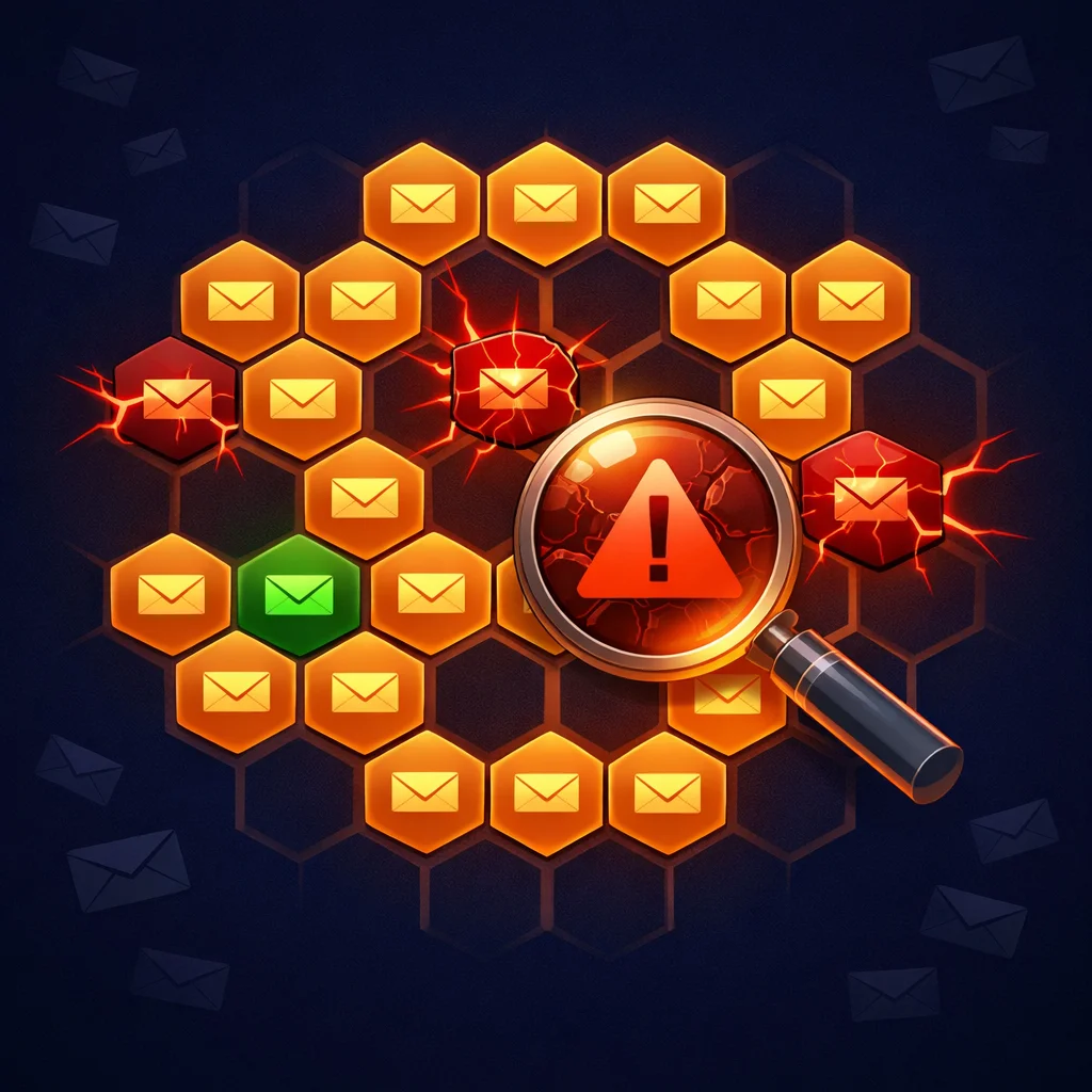 Honeycomb grid of email addresses with hidden spam traps revealed by magnifying glass