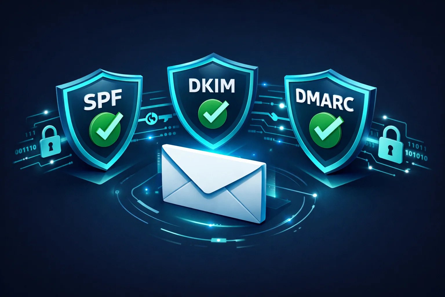Three shield icons labeled SPF, DKIM, and DMARC with checkmarks protecting an email envelope on a dark background