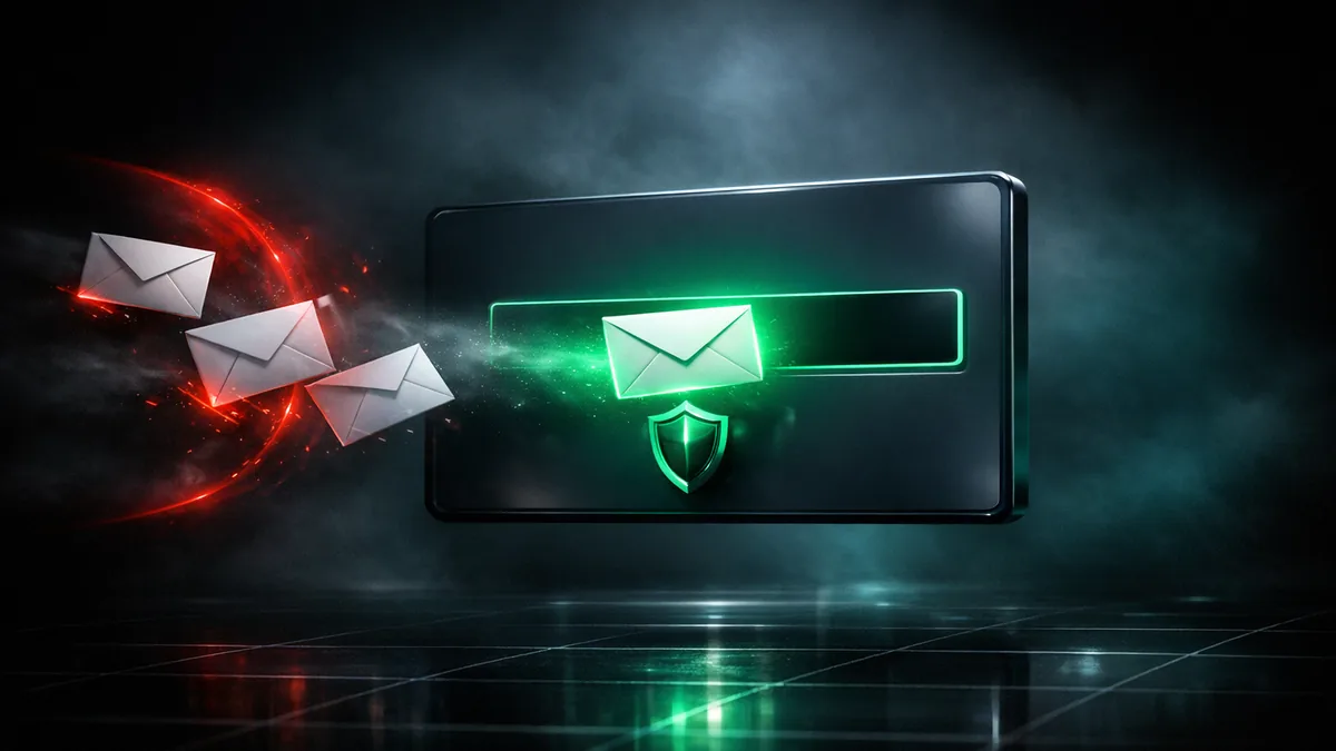 A glowing signup form field protected by a shield: one envelope accepted in green light while invalid envelopes are stopped by a red barrier