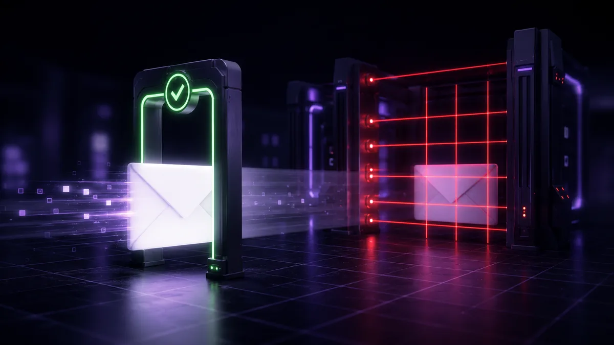 A white envelope passing a green verification checkpoint, then blocked by a red laser security gate: verified but not delivered