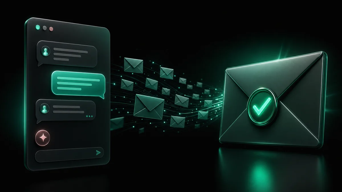 An AI chat window sending a stream of envelopes toward a large envelope sealed with a glowing green checkmark