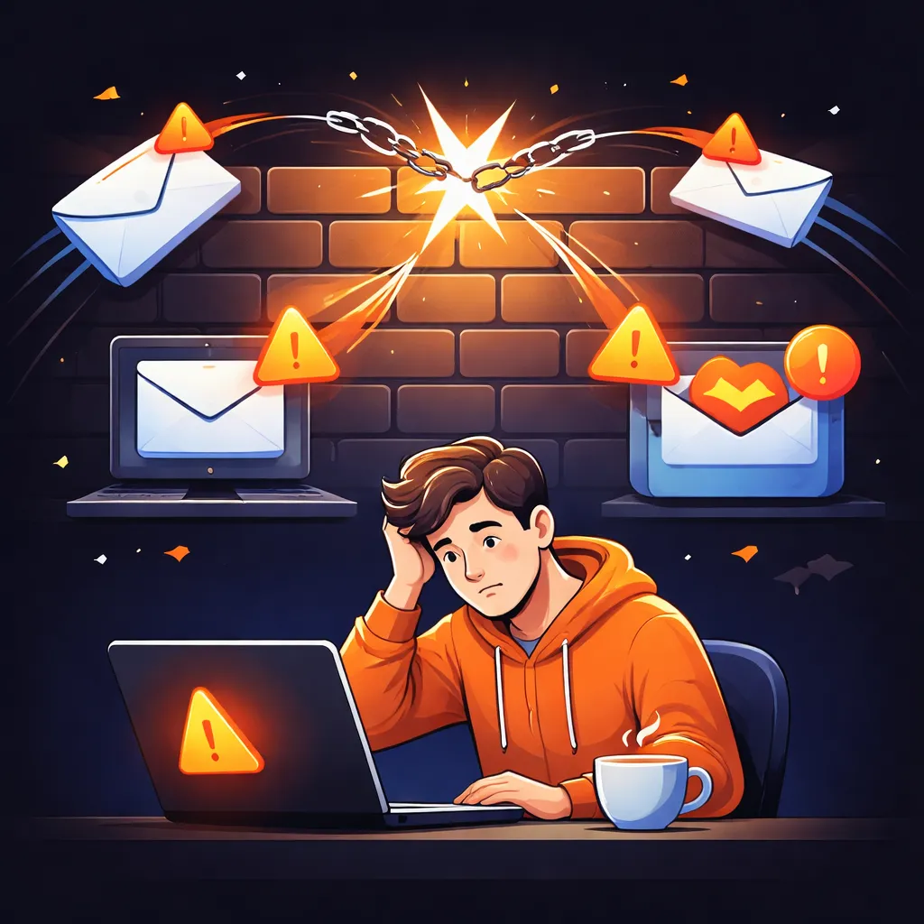 Frustrated marketer dealing with bouncing emails hitting a wall and warning alerts