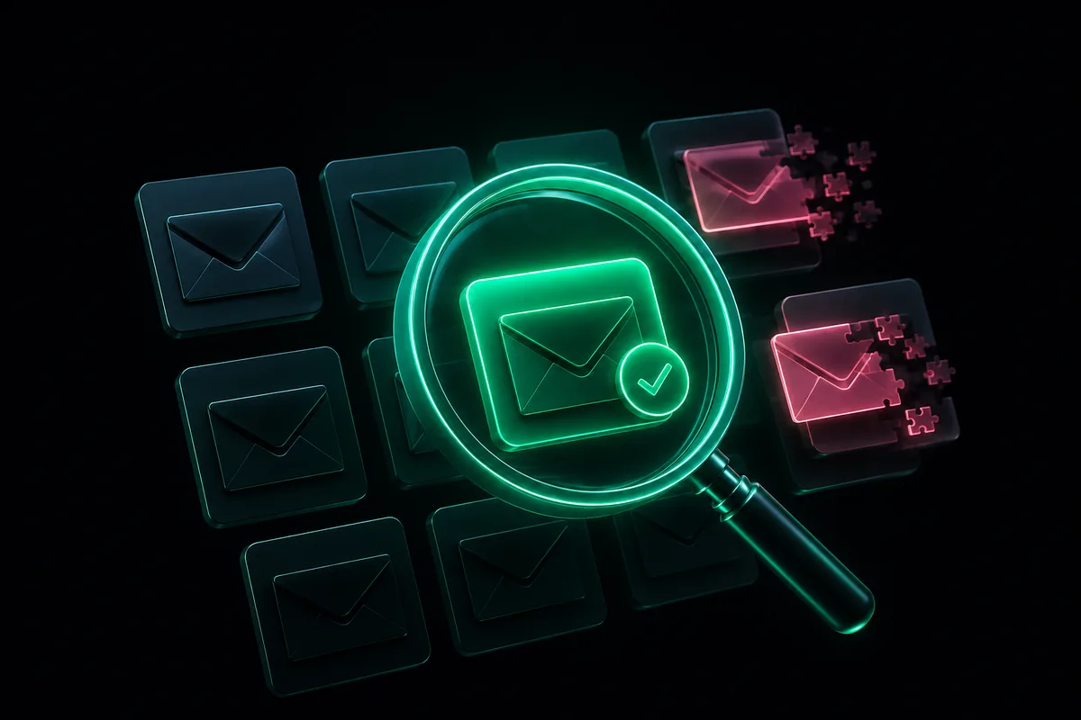 A magnifying glass highlighting a verified email address among a grid of email cards, while two candidate addresses are still being assembled