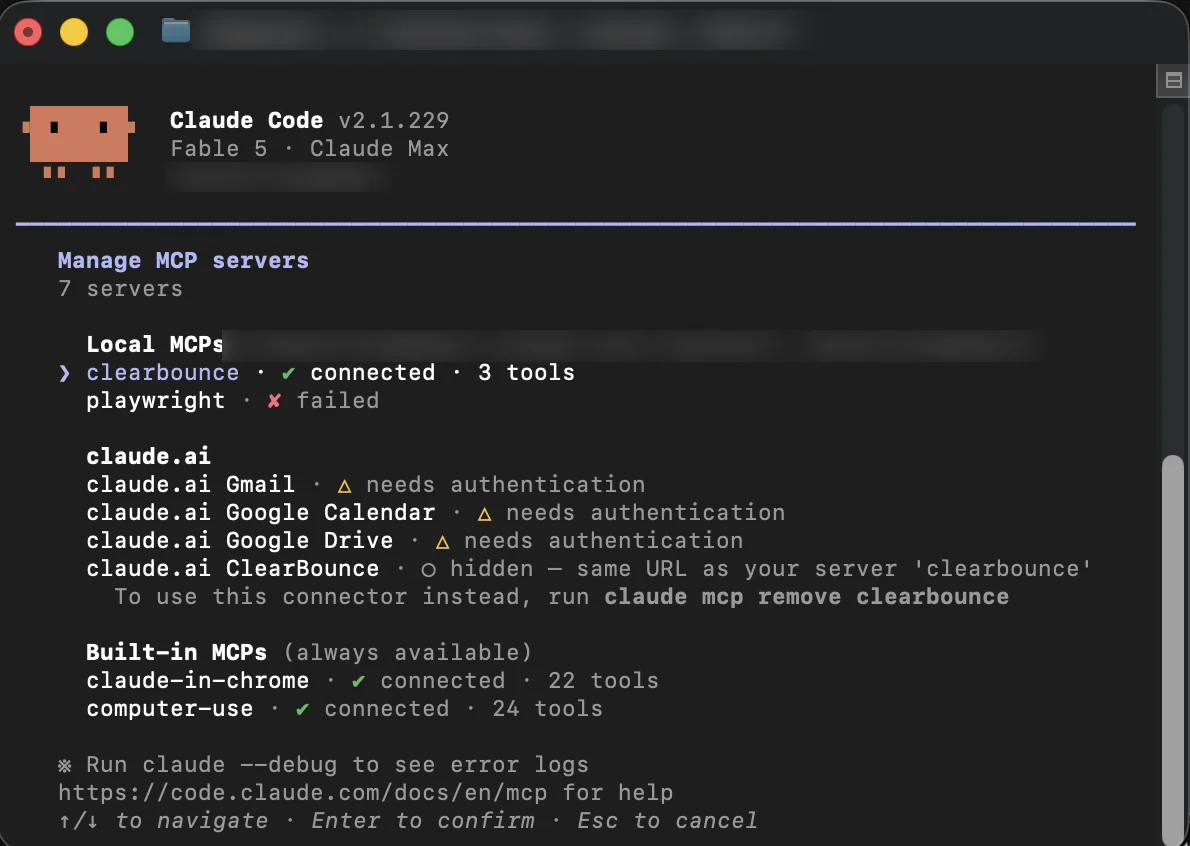Claude Code MCP server list showing ClearBounce connected with 3 tools