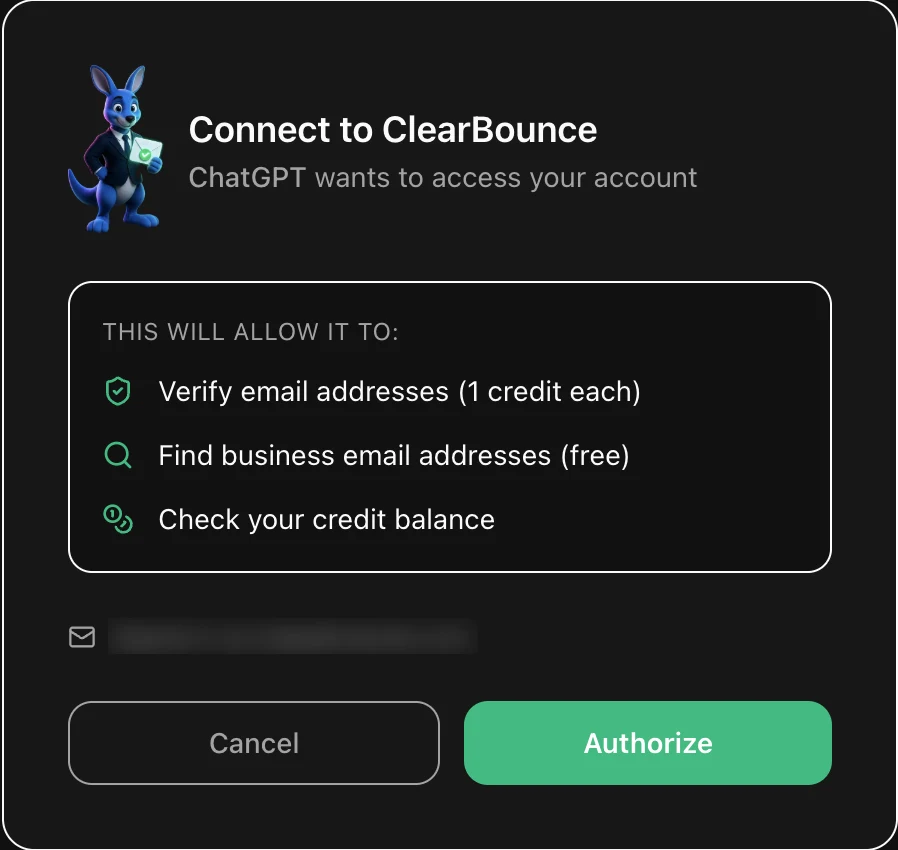 ClearBounce OAuth consent screen showing the exact permissions an assistant receives