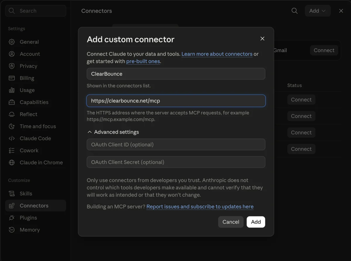 Adding the ClearBounce custom connector in Claude settings with the MCP server URL