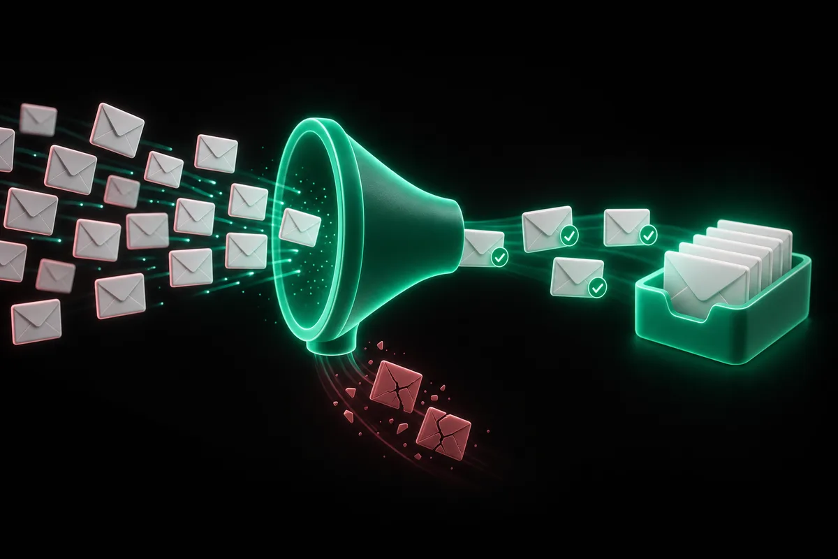 A stream of emails passing through a glowing filter: valid ones reach the inbox, invalid ones are deflected