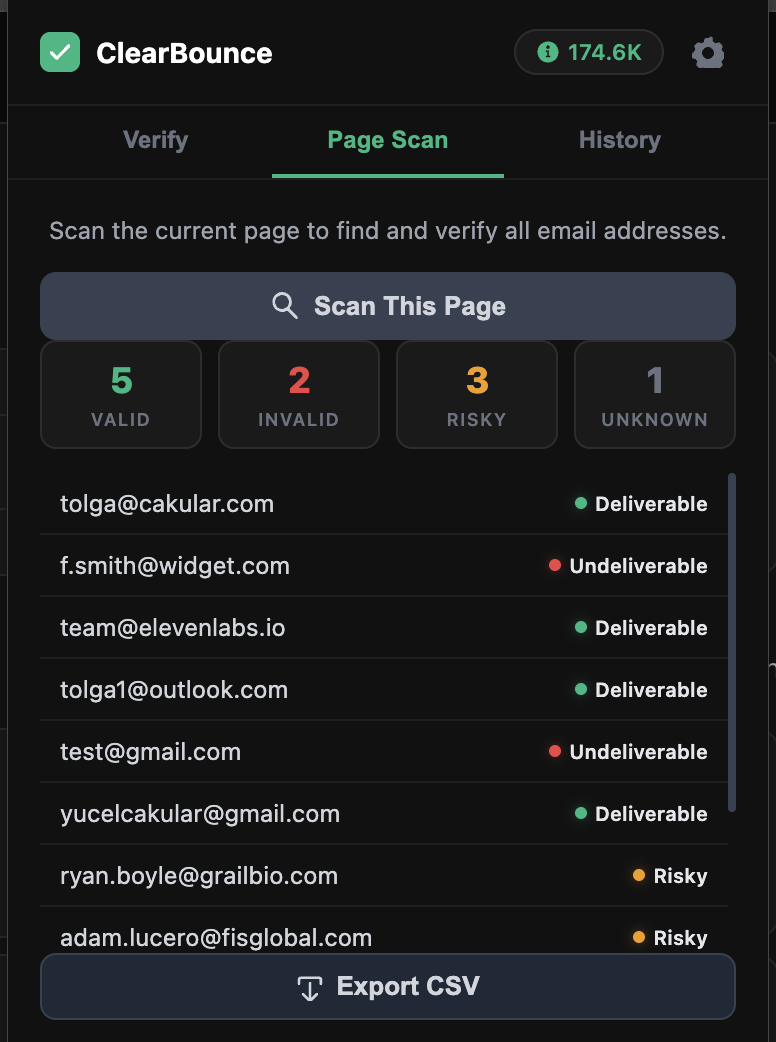 ClearBounce Chrome Extension - Page Scan Tab