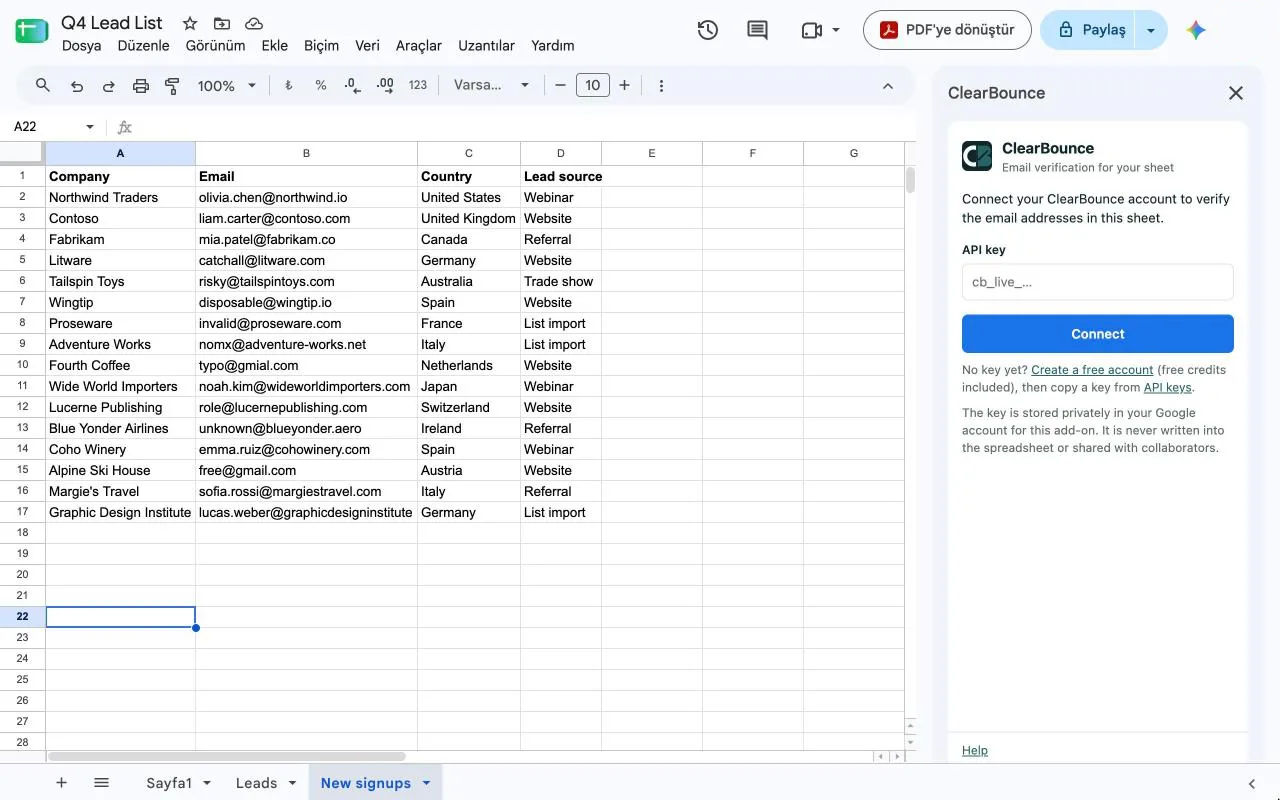 ClearBounce sidebar in Google Sheets