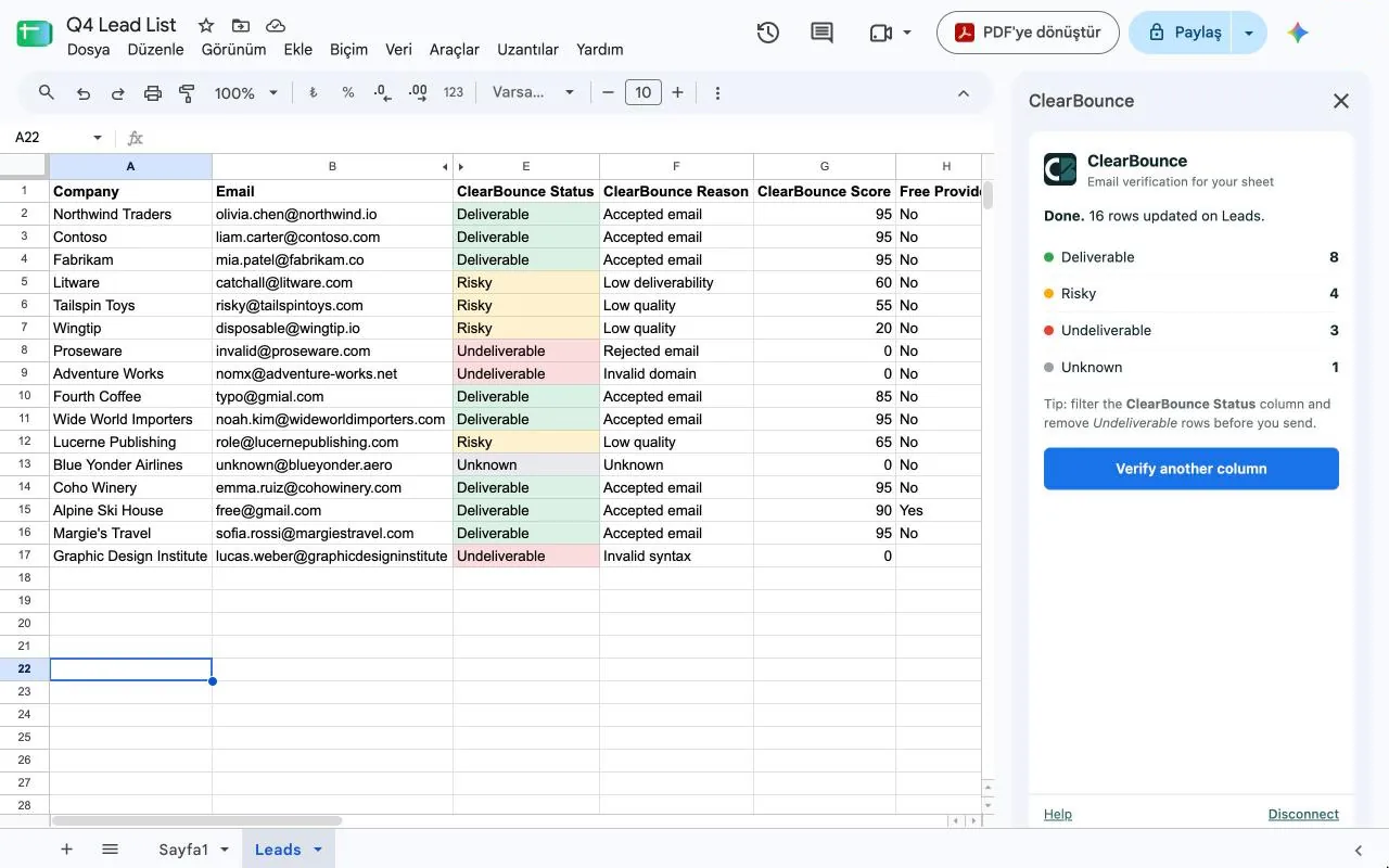 ClearBounce add-on in Google Sheets with verification results in new columns